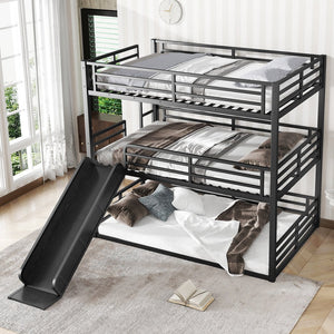 English Elm Full Triple Bunk Bed With Slide - Heavy-Duty Metal Frame, Noise-Reducing Design, Black Finish W1580S00171