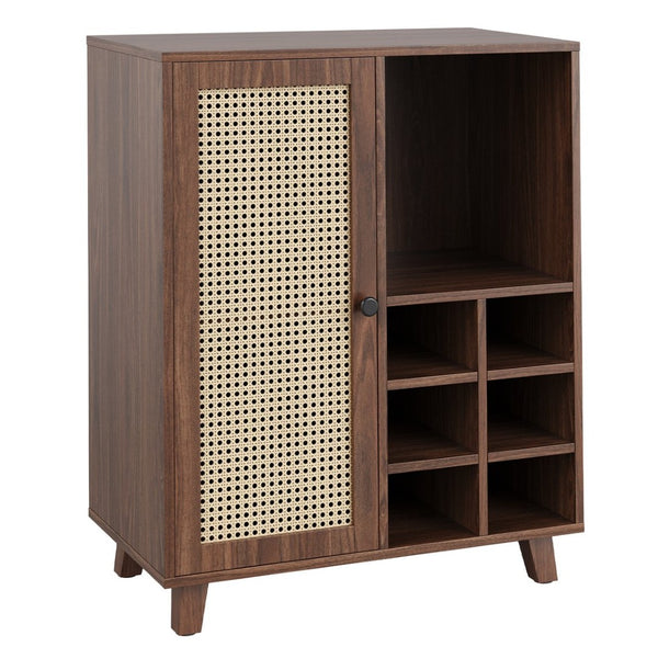 English Elm Rattan Cane Front Sideboard with Drawers Adjustable Shelf Bohemian Storage Cabinet Walnut T3623P434765