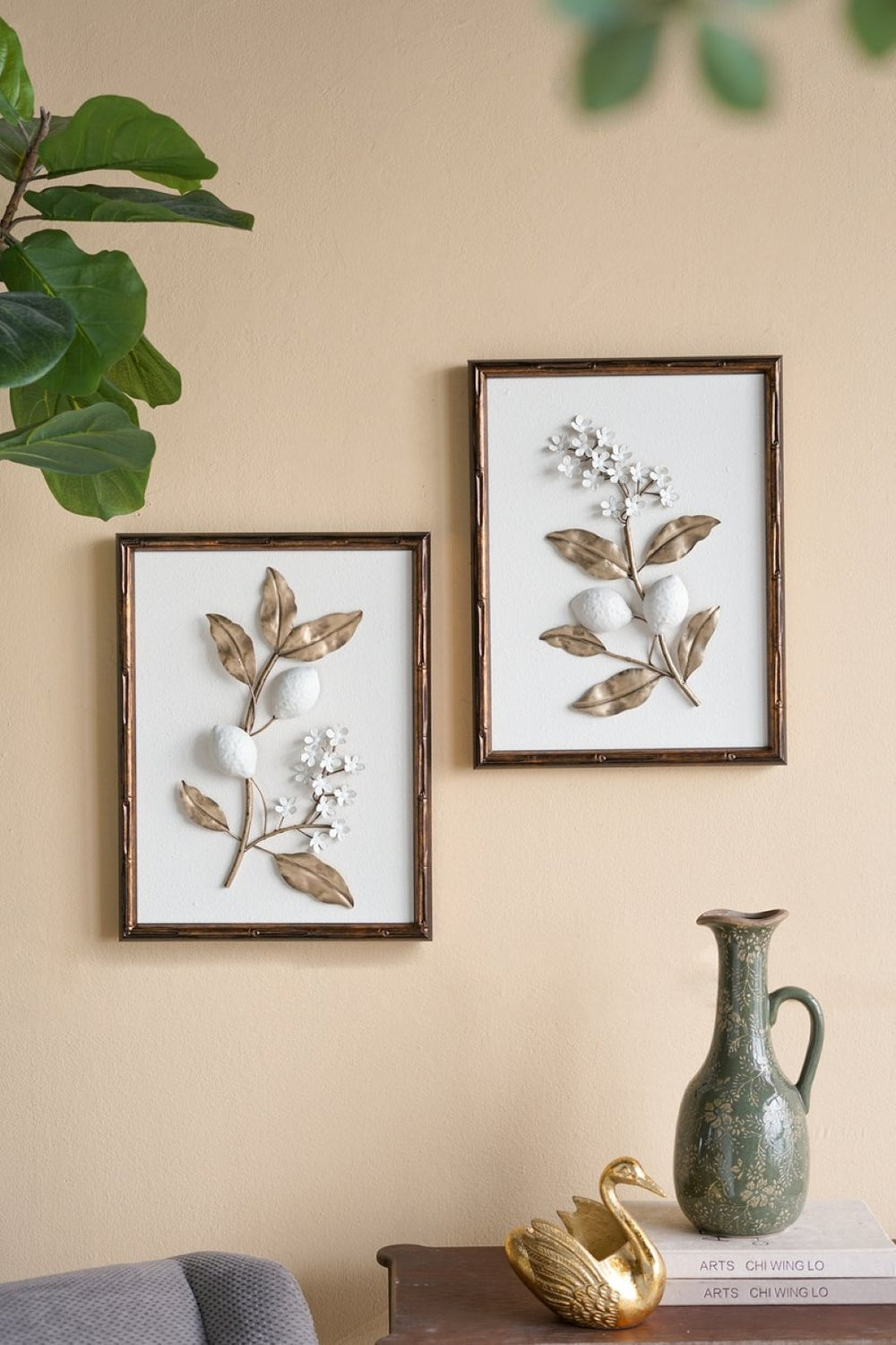 English Elm S/2 Vintage Botanical Wall Art Gold White Tones Iron Branch Accent Farmhouse Decor W2078P481787