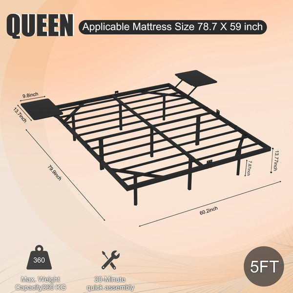 English Elm Queen Metal Platform Bed Frame with Led Lighting Storage Boards and Steel Slat Support W311P416235
