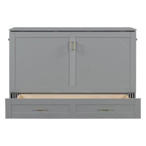 English Elm Queen Murphy Wall Bed Cabinet with Storage Drawer Built-in Power Outlets Usb Ports Gray LP000400AAE