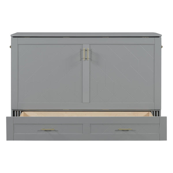 English Elm Queen Murphy Wall Bed Cabinet with Storage Drawer Built-in Power Outlets Usb Ports Gray LP000400AAE