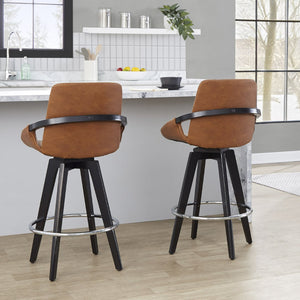 English Elm Fixed-height Swivel Counter Stools with Faux Leather Seats and Chrome Footrest Set of 2 B202S01807