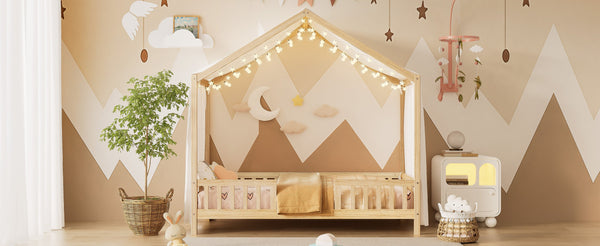 English Elm Montessori House Bed Frame Twin with Canopy & Full Guardrails, Cozy Kids Platform Bed for Toddlers Natural 81.5 L x 16 W x 6.6 H N733P356043M