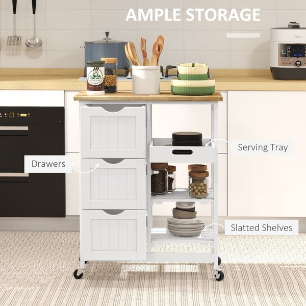 English Elm HOMCOM Rolling Kitchen Island Cart with Butcher Block, 3 Drawers, Removable Tray & Wheels W2225P173895