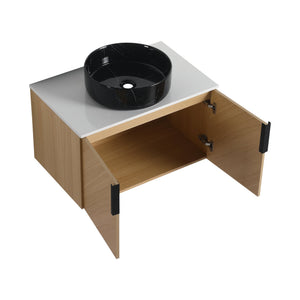 English Elm 30" Bathroom Vanity With Wall-Mounted Design, Ceramic Vessel Sink & Soft-Close Doors For Modern Homes W999S00447