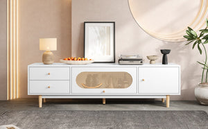 English Elm 70 Modern TV Stand for TVs up to 80" with Rattan Accents, Smooth Drawers, Flip-Up Storage, Durable Design White N710P339470W