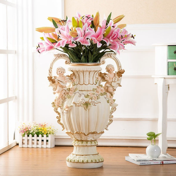 English Elm 28.35" Baroque Resin Cherub Vase with Gold Trim Rococo Relief Sculpture for Entryway W5709P462888