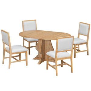 English Elm TREXM Extendable Farmhouse Dining Set with 4 Upholstered Chairs, Solid Rubberwood Frame, Durable Finish Natural Wood Wash ST000150AAD