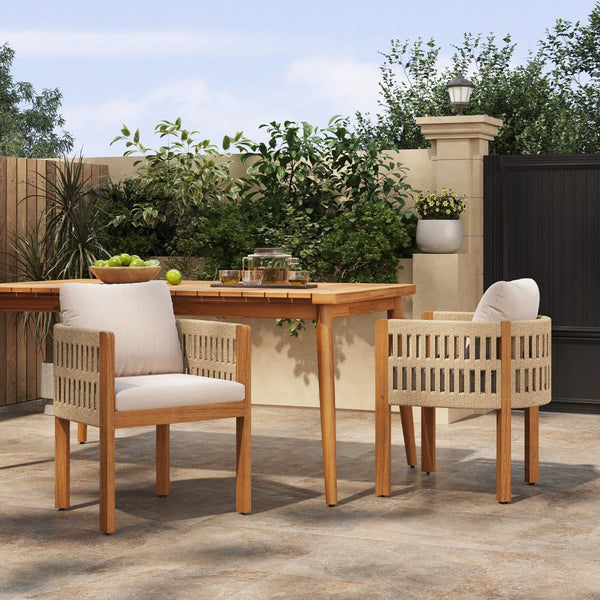 English Elm Acacia Wood Outdoor Dining Chair Set with Rope Arms and Waterproof Cushions N779P279983M