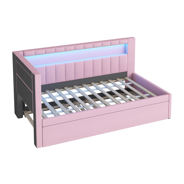 English Elm Upholstered Twin Platform Bed with Trundle, Linen Backrest, Built-In USB Ports & LED Accent Lighting Pink DL001919AAH