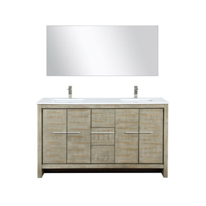 English Elm Rustic Acacia Double Bath Vanity 60" W With White Quartz Top, Brushed Nickel Faucet & Mirror Combo B2731S01683-GIGA