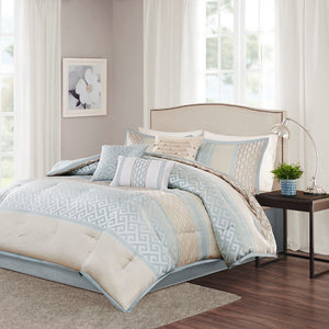 English Elm 7 Piece Madison Park Bennett Jacquard Comforter Set Aqua Queen – Neutral Geometric Stripes, Embroidered Pillows, Bedskirt Included B03596852