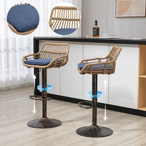 English Elm Modern Swivel Bar Stools Set of 2 Adjustable Counter Height Chairs with Linen Seat, Retro Rattan Back, 360° Rotation and Footrest, Vintage Gold Base, Durable Indoor/Outdoor Seating (Seat Height 25.6–33.9") Blue W39594821