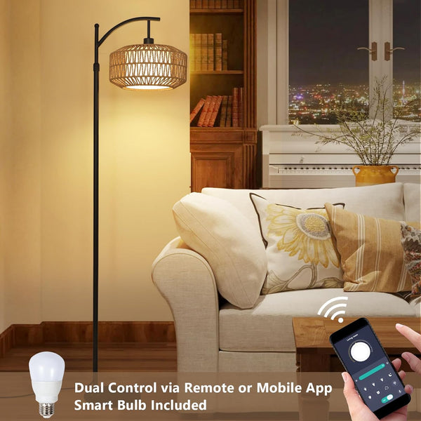 English Elm Arc Floor Lamp - Dimmable Rattan Arc Light With Remote & Led Bulb, Stylish Mid-Century Decor For Any Room W2738P185427