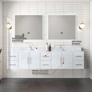 English Elm Glossy White Double Bath Vanity 84" W x 22" D with Carrara Marble Top, Chrome Faucet, LED Mirrors B2731S01053