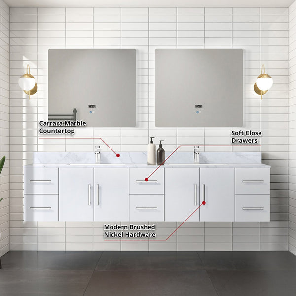 English Elm Glossy White Double Bath Vanity 84" W x 22" D with Carrara Marble Top, Chrome Faucet, LED Mirrors B2731S01053