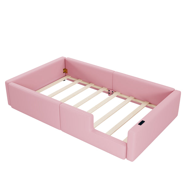 English Elm Twin Upholstered Platform Bed with Guardrail and Built-In Charging Station, Modern Sleek Design for Small Spaces Pink N709P186347H