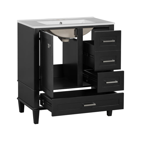 English Elm 30" Modern Bathroom Vanity with Solid Wood Frame, 3 Soft-Close Drawers and Ceramic Sink, Sleek Design Black N729P170557B