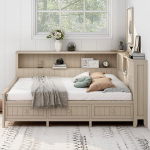 English Elm Full Full Size Wood Daybed with 3 Drawers & Shelves, Antique White Milk Finish — Storage, Charm, 400lb Capacity GX002214AAK