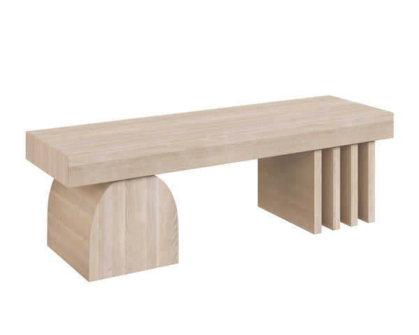 Sunpan Cadence Contemporary Bench - Solid Light Oak with Geometric Base, Unique Whitewash Finish, 59" Design