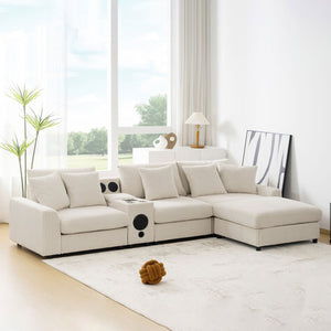 English Elm [video]112*64'' Corduroy L-shaped Sectional Cloud Sofa with Bluetooth Console Ottoman Living Room N723S1756A