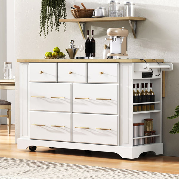 English Elm K&k Rolling Kitchen Island Six Drawers Drop Leaf Built-in Charging Vintage Style White N707S307292W