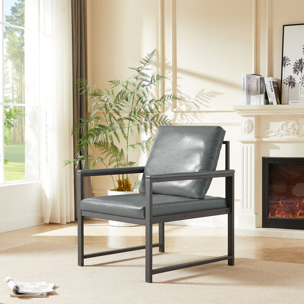 English Elm PVC Retro Leather Armchair with Extra Soft Cushion, Metal Armrests & Black Frame for Living Room Lounge (Gray) W1359P194177