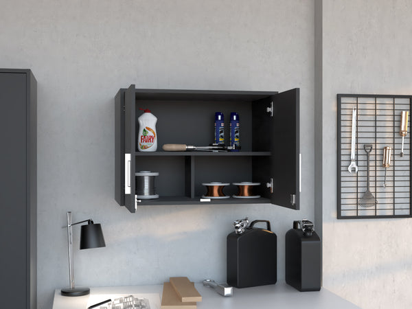 English Elm Storage Cabinet Black Wall Mounted Double Door with 3 Shelves, Engineered Wood, Padlock Keyed Security B200P188810