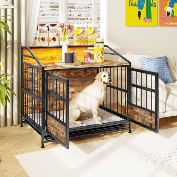 English Elm Multi-function Wooden Dog Crate with Rgb Led Storage Console for Large Breeds W840P291740