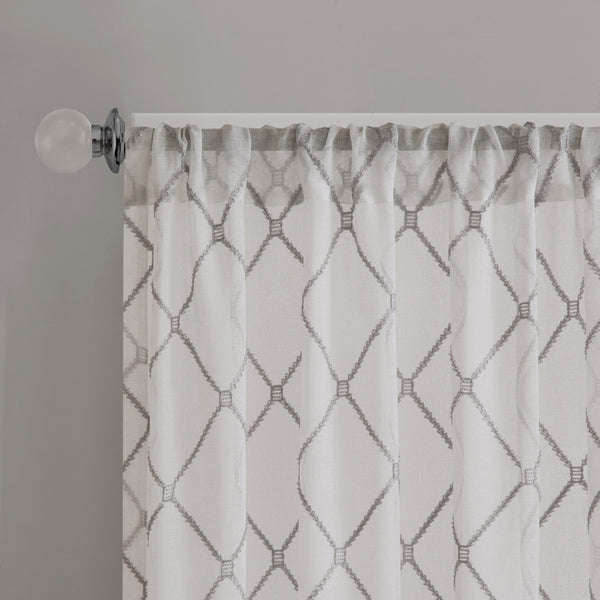 JLA Home Madison Park - Diamond Sheer Window Curtain Panel with Embroidered Diamond Texture, Light-Filtering Elegant Drapery White/Grey MP40-2331