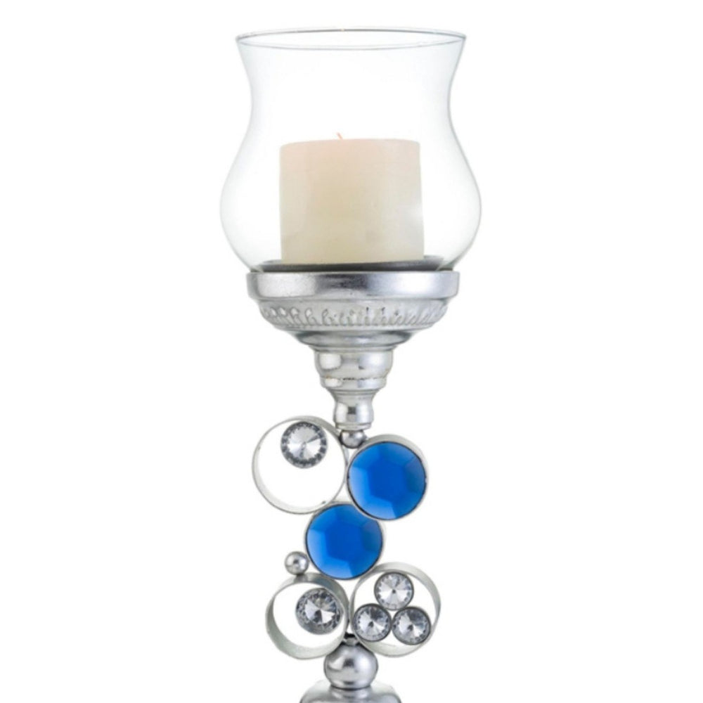 English Elm 18" Polyresin Jewel Encrusted Candleholder Bejeweled Formal Mantle Centerpiece Decor Silver B072116545