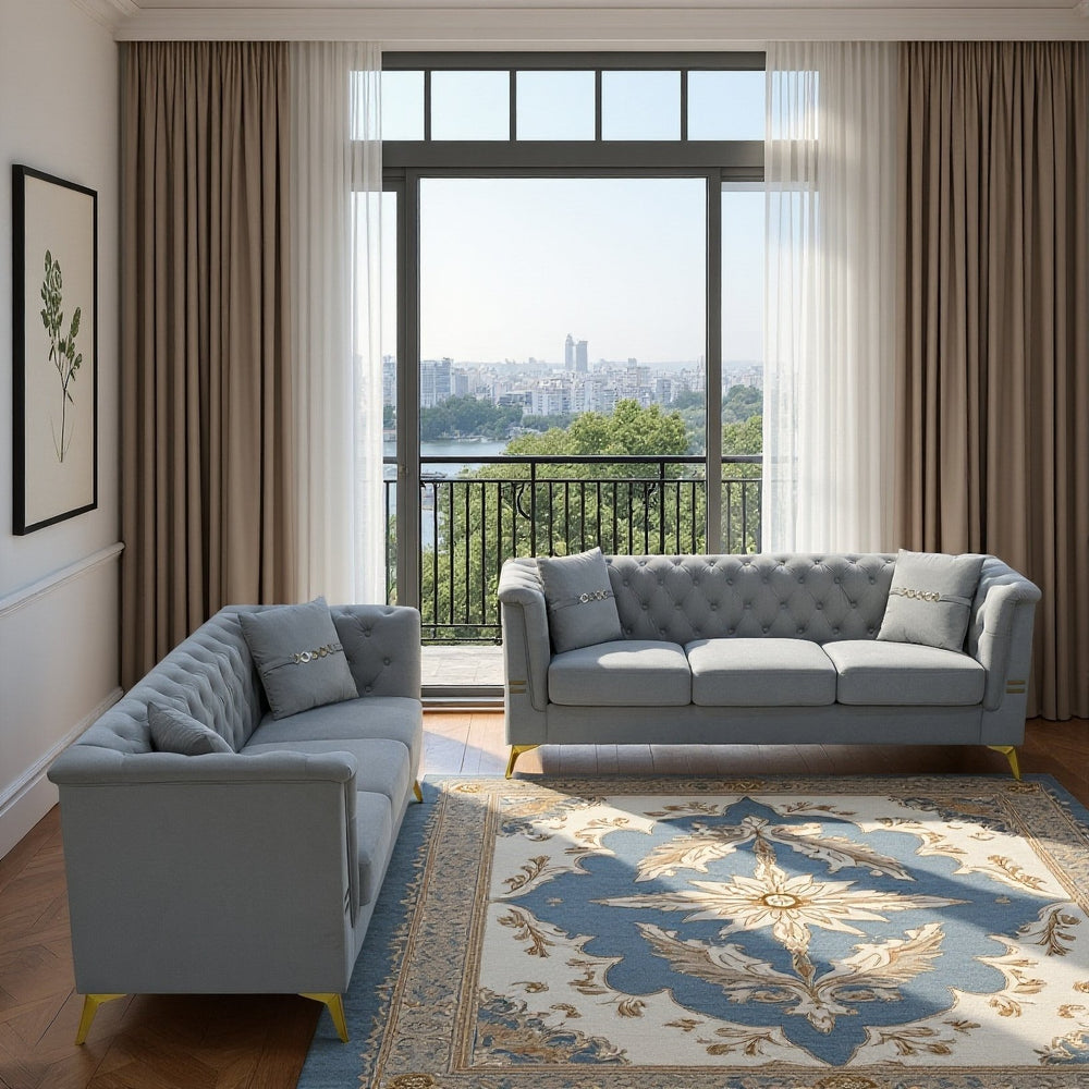 English Elm FX-P83-2PC Velvet Sofa Set of 2 with Tufted Cushions and Gold-Tone Metal Legs for Luxe Comfort Light Gray W576S00238