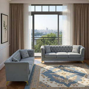 English Elm FX-P83-2PC Velvet Sofa Set of 2 with Tufted Cushions and Gold-Tone Metal Legs for Luxe Comfort Light Gray W576S00238