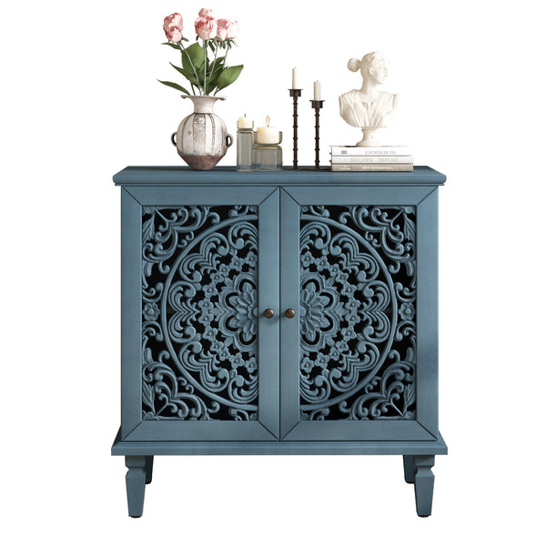 English Elm Vintage Hollow-Carved Accent Cabinet with Floral Motif, 2-Door Sideboard, Adjustable Shelf, Solid Wood Legs Antique Blue W1445P384719