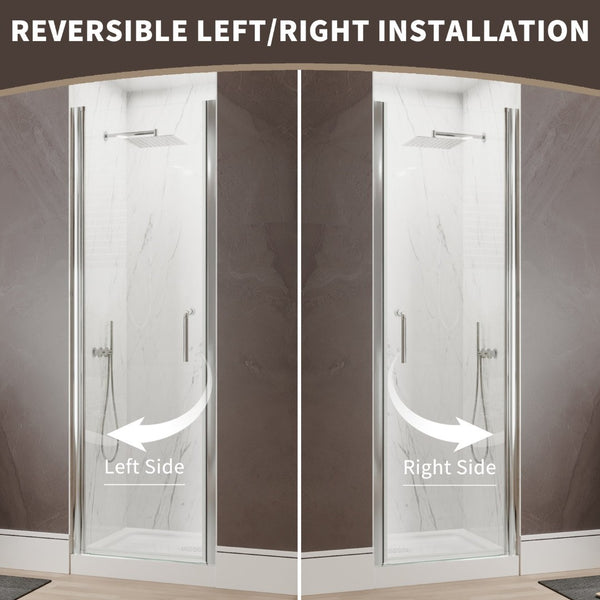 English Elm 30--32 in Frameless Pivot Shower Door Clear Tempered Glass Chrome Hardware Reversible W63777026
