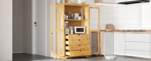 English Elm Topmax Solid Pine Pantry Cabinet with Glass Doors Four Drawers Farmhouse Storage Natural SP000086AAA