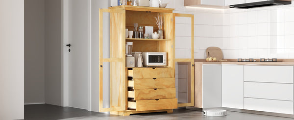 English Elm Topmax Solid Pine Pantry Cabinet with Glass Doors Four Drawers Farmhouse Storage Natural SP000086AAA