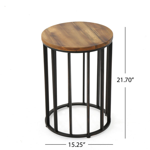 English Elm Christopher Knight Home® - Outdoor Acacia Wood Side Table with Round Solid Top and Black Iron Frame, Handcrafted, 15" 60747.00