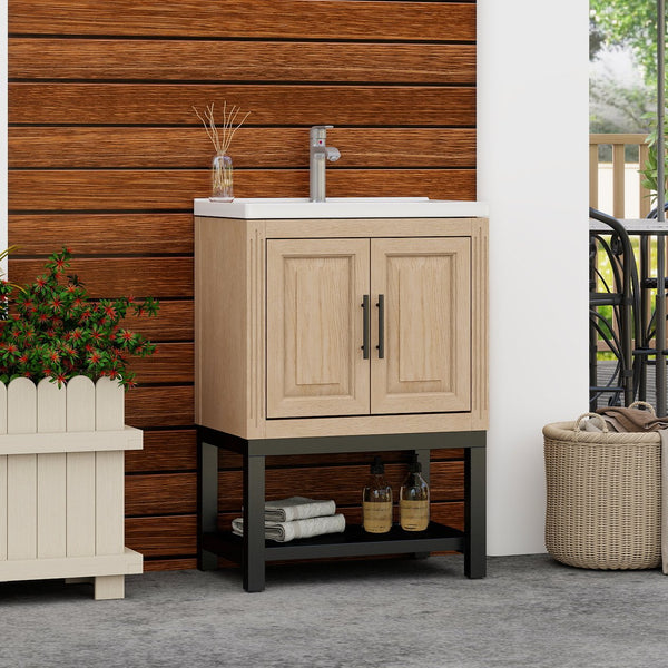 English Elm 24" Bathroom Vanity with Smooth White Ceramic Sink, Durable Metal Hinges, Adjustable Feet, Sleek Faucet & Open Iron Shelf Natural W688P224403
