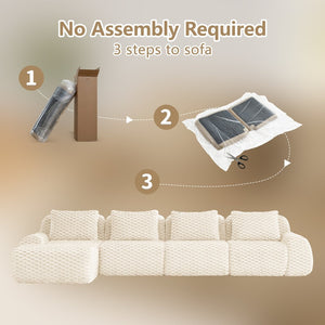 English Elm 146" Modular L-shaped Sectional Flannelette Sofa with Ottoman Tool-free Living Room Setup Cream W714S01522