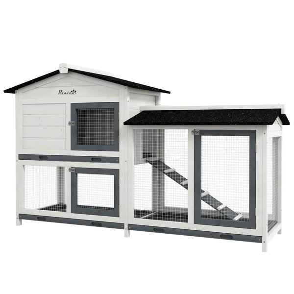 English Elm Pawhut Two-story Wooden Rabbit Hutch Outdoor Fir Frame Run Area Asphalt Roof W2225P249602