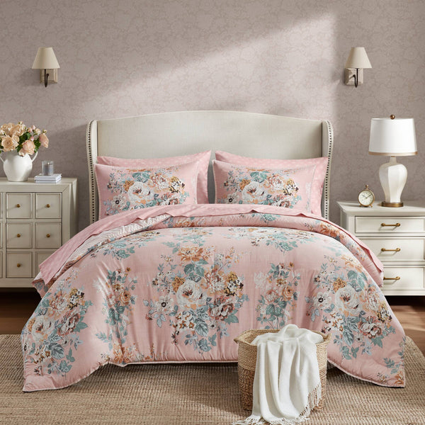 JLA Home Madison Park Essentials - 7 Piece Vintage-inspired Collection Floral Bedding Set with Reversible Comforter, Silky Microfiber Elegance Pink MPE10-1183