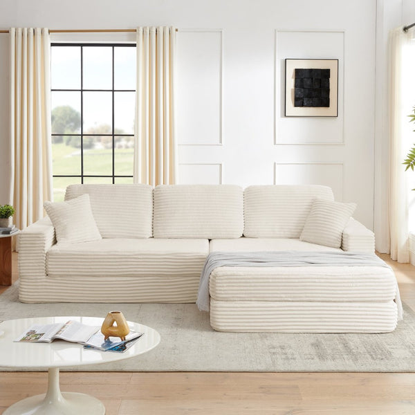 English Elm Right Modular Sectional Sofa Corduroy Upholstered Converts to Queen Bed Space Saving W487S00301