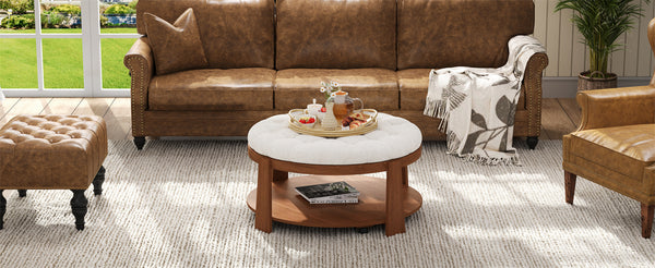English Elm Modern Round Oversized Ottoman Coffee Table with Button Tufting, Waterproof Linen, Wheels & Lower Wood Shelf for Storage and Seating Ivory White N735P180224K