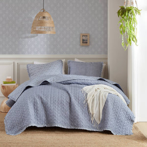 English Elm 3-piece King Quilt Set Ruffle Trim Vermicelli Stitching Soft Polyester Bohemian Bedding Blue B035P408233