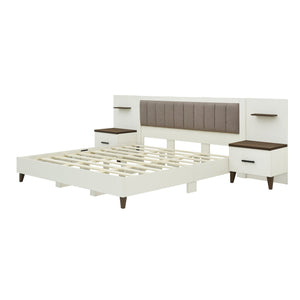 English Elm Christopher Knight Home® - King Upholstered Bed Frame with 108" Headboard and 2 Floating Nightstands, White & Brown Modern Storage N758K020304W