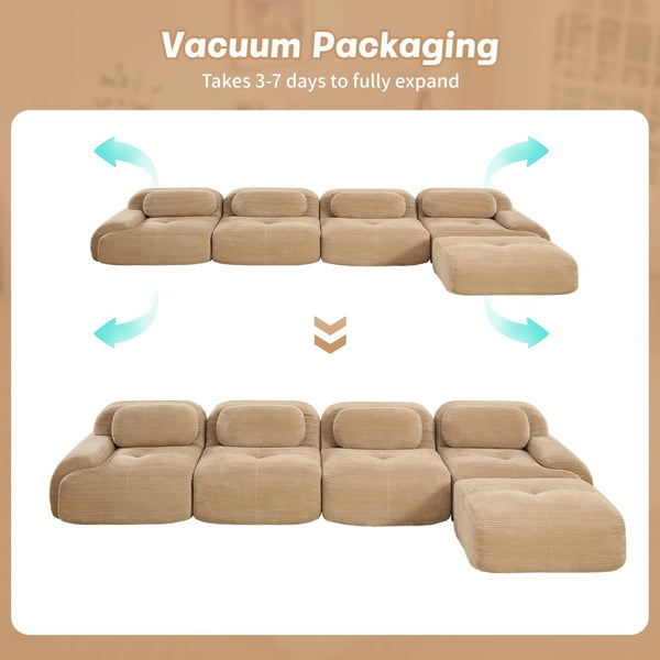 English Elm 4-seat Modular Corduroy Sectional Sofa with Curved Armrests for Living Rooms Camel W714S01244