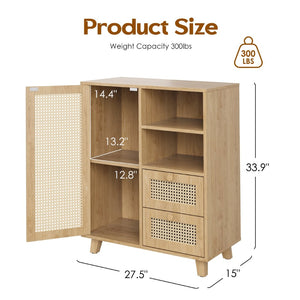 English Elm Rattan Cane Front Sideboard with Drawers Adjustable Shelf Bohemian Storage Cabinet Natural T3623P434728
