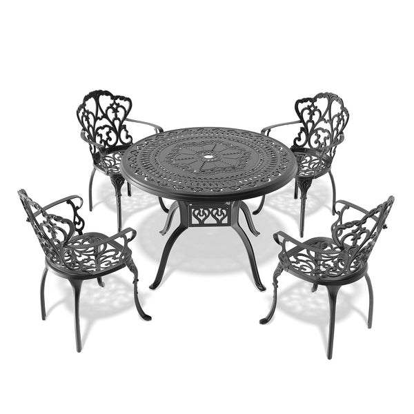 English Elm 5-Piece Cast Aluminum Patio Furniture Set With Plush Off-White Cushions For Elegant Outdoor Dining W1710S00066